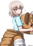  1girl animal_costume bandaid bandaid_on_face bangs bear_costume blue_eyes blue_shirt blush boko_(girls_und_panzer) casual closed_mouth commentary eyebrows_visible_through_hair from_side frown girls_und_panzer half-closed_eyes highres holding itsumi_erika looking_at_viewer mascot_costume medium_hair omachi_(slabco) shirt short_sleeves silver_hair simple_background solo standing t-shirt twitter_username white_background 