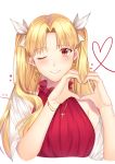  1girl absurdres bangs bare_shoulders bitter_sweet_(fate/grand_order) blonde_hair blush cross cross_necklace dress earrings english_commentary ereshkigal_(fate/grand_order) eyebrows_visible_through_hair fate/grand_order fate_(series) furureruu hair_ribbon heart highres infinity jewelry long_hair looking_at_viewer necklace one_eye_closed parted_bangs red_dress red_eyes ribbon shawl signature simple_background sleeveless sleeveless_dress smile solo two_side_up upper_body white_background white_ribbon 