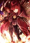  1girl bangs black_bodysuit bodysuit breasts cape chain family_crest fate/grand_order fate_(series) fire grin hair_over_one_eye katana koha-ace large_breasts long_hair looking_at_viewer oda_nobunaga_(fate) oda_uri red_eyes redhead smile solo sword tyone very_long_hair weapon 