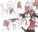  1girl bangs bare_shoulders black_legwear breasts brown_eyes character_request collarbone commentary_request copyright_request dark_skin dress eyebrows_visible_through_hair granblue_fantasy grey_hair hair_between_eyes large_breasts long_hair looking_at_viewer red_ribbon ribbon shiseki_hirame thigh-highs translated weapon zooey_(granblue_fantasy) 