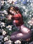  1girl aerith_gainsborough artist_name blurry blurry_background bow bracelet brown_hair cropped_jacket dress final_fantasy final_fantasy_vii final_fantasy_vii_remake flower green_eyes hair_bow head_rest highres jacket jewelry liang_xing looking_at_viewer parted_lips patreon_username petals pink_dress red_jacket seiza shade sitting solo watermark web_address 