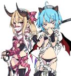  2girls bangs bare_shoulders bat_wings bikini black_bikini black_gloves black_legwear blonde_hair blue_hair bow braces breasts club covered_mouth cowboy_shot elbow_gloves eyebrows_visible_through_hair fingerless_gloves flandre_scarlet gloves hair_bow hairband holding holding_weapon horns huge_weapon katana looking_at_viewer masked medium_breasts medium_hair multiple_girls noya_makoto over_shoulder pink_eyes pointy_ears raised_eyebrow remilia_scarlet setsubun short_hair siblings simple_background sisters slit_pupils standing stomach striped striped_bow swimsuit sword sword_over_shoulder thigh-highs torn_clothes touhou weapon weapon_over_shoulder white_background wings wrist_wrap 