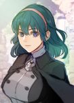  1girl blue_eyes blue_hair byleth byleth_(female) cape fire_emblem fire_emblem:_three_houses fire_emblem:_three_houses fire_emblem_heroes hair_ornament headband intelligent_systems kokouno_oyazi long_hair looking_at_viewer nintendo school_uniform short_hair simple_background smile solo uniform white_background 