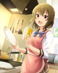  1girl apron bow bowtie brown_hair commentary_request dish dutch_angle highres idolmaster idolmaster_million_live! kitchen looking_at_viewer nagayoshi_subaru open_mouth pot red_eyes shiokazunoko short_hair solo sponge 