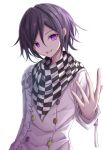  1boy bangs breasts checkered checkered_scarf commentary dangan_ronpa english_commentary eyebrows_visible_through_hair hair_between_eyes highres long_sleeves looking_at_viewer male_focus medium_breasts new_dangan_ronpa_v3 open_mouth ouma_kokichi purple_hair scarf simple_background smile solo straitjacket stratozpherez violet_eyes white_background 