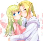  1boy 1girl absurdres blonde_hair blue_eyes blush closed_mouth couple edward_elric from_side fullmetal_alchemist highres hood hood_down hooded_sweater hug long_hair looking_at_viewer machi_(xxx503r) pink_shirt ponytail shirt solo sweater white_background white_sweater winry_rockbell yellow_eyes 