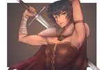 1girl arm_up armpits bandaged_arm bandages black_hair bloopiest breasts cape carina_(bloopiest) facial_scar green_eyes original pathfinder scar scar_on_cheek short_hair slit_pupils small_breasts smile solo sword toned upper_body weapon 