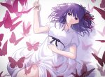  1girl absurdres black_ribbon bug butterfly dress fate/stay_night fate_(series) from_above hair_ribbon highres insect long_hair looking_at_viewer lq_saku lying matou_sakura on_back parted_lips purple_hair red_ribbon rei_no_himo ribbon short_sleeves solo violet_eyes white_background white_dress 