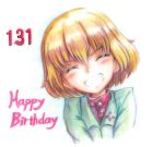  1girl bangs blonde_hair closed_eyes colored_pencil_(medium) commentary dated english_text eyebrows_visible_through_hair facing_viewer girls_und_panzer green_jacket grin happy_birthday head_tilt insignia jacket katyusha kazami_satoru light_blush long_sleeves looking_at_viewer portrait pravda_school_uniform red_shirt school_uniform sharp_teeth shirt short_hair smile solo teeth traditional_media turtleneck 