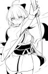  1girl ahoge black_bow bow breasts commentary_request eyebrows_visible_through_hair fate/grand_order fate_(series) hair_between_eyes hair_bow holding holding_weapon japanese_clothes kimono looking_at_viewer monochrome okita_souji_(fate) okita_souji_(fate)_(all) scarf shiseki_hirame short_hair short_kimono small_breasts solo sword thigh-highs weapon 