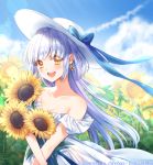  1girl artist_name bare_shoulders blue_bow blue_hair blue_sky bow chinobara clouds crossed_arms day dress earrings flower hat hat_bow jewelry open_mouth original outdoors sky smile standing summer sun_hat sunflower watermark white_headwear yellow_eyes 