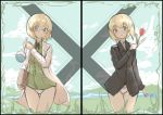  2girls beach blonde_hair blue_eyes blush book bow bow_panties erica_hartmann flower glasses looking_at_viewer multiple_girls painterly panties red_flower red_rose rose short_hair siblings sisters strike_witches take_(trude1945oneetyan) thigh_gap underwear ursula_hartmann world_witches_series 