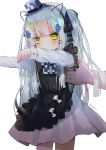 1girl alternate_costume apron bangs black_apron bow bowtie commentary_request dress eyebrows_visible_through_hair facial_mark girls_frontline green_eyes hair_ornament hair_ribbon hairband hanato_(seonoaiko) hat highres hk416_(girls_frontline) long_hair long_sleeves looking_at_viewer mini_hat ribbon silver_hair simple_background twitter_username white_background white_dress younger 
