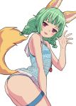  1girl absurdres animal_ear_fluff animal_ears ass bangs bare_arms bare_shoulders bikini_bottom blue_shirt chain character_request commentary_request eyebrows_behind_hair fox_ears fox_girl fox_tail green_hair hand_up heart highres hood hood_down leaning_forward long_hair looking_at_viewer looking_to_the_side low_twintails nyama shirt short_twintails simple_background sleeveless sleeveless_shirt solo striped striped_bikini_bottom tail tail_raised tera_online thigh_strap twintails violet_eyes white_background 