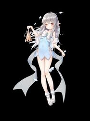  1girl absurdres akelp arm_up bell black_background blue_dress bracelet brown_eyes bubble covered_navel dress earrings elf full_body gem grey_hair highres holding jewelry legs long_hair original pointy_ears shoes short_dress simple_background socks solo white_footwear 