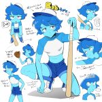  ... 1girl bangs baseball baseball_bat baseball_cap baseball_mitt blue_eyes blue_hair blue_skin bored crop_top denim denim_shorts eyebrows_visible_through_hair frown hat highres lapis_lazuli_(steven_universe) looking_at_viewer midriff nano8 shoes short_hair short_shorts shorts simple_background smile sneakers speech_bubble spoken_ellipsis squatting steven_universe translation_request white_background 