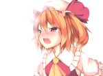  1girl angry arm_up blonde_hair blush commentary_request cravat crying crying_with_eyes_open cycloneyukari fang flandre_scarlet hair_between_eyes hat hat_ribbon looking_to_the_side mob_cap open_mouth puffy_short_sleeves puffy_sleeves red_eyes red_vest ribbon shirt short_hair short_sleeves side_ponytail sidelighting simple_background solo tears touhou uneven_eyes upper_body vest white_background white_headwear white_shirt yellow_neckwear 