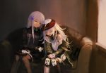  2girls bangs beret black_legwear blunt_bangs closed_eyes closed_mouth couch eyebrows_visible_through_hair facial_mark g11_(girls_frontline) girls_frontline gloves hair_ornament hara_shoutarou hat hat_removed headwear_removed highres hk416_(girls_frontline) indoors jacket knee_pads leaning_on_person long_hair multiple_girls open_clothes open_jacket open_mouth scarf scarf_on_head shoulder_cutout side-by-side sitting skirt sleeping sleeping_on_person sleeping_upright teardrop white_gloves 