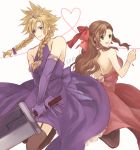  1boy 1girl aerith_gainsborough braid brown_hair buster_sword closed_mouth cloud_strife commentary_request crossdressinging earrings final_fantasy final_fantasy_vii green_eyes jewelry long_hair looking_at_viewer pantyhose sasanomesi simple_background smile sword thigh-highs tiara twin_braids weapon white_background 