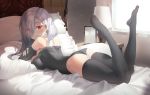  1girl ass bare_shoulders bed black_legwear black_sleeves black_swimsuit blush breasts commission eyebrows_visible_through_hair grey_hair large_breasts long_hair looking_at_viewer lying on_bed on_stomach original pring654 red_eyes sharp_teeth solo swimsuit teeth thigh-highs 