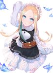  1girl abigail_williams_(fate/grand_order) animal bangs black_dress blonde_hair bloomers blue_eyes bug butterfly butterfly_hair_ornament commentary_request dress fate/grand_order fate_(series) forehead hair_ornament hakuishi_aoi heroic_spirit_chaldea_park_outfit insect keyhole long_hair long_sleeves parted_bangs shirt sidelocks simple_background sitting sleeveless sleeveless_dress sleeves_past_fingers sleeves_past_wrists solo stuffed_animal stuffed_toy teddy_bear underwear very_long_hair wariza white_background white_bloomers white_shirt 