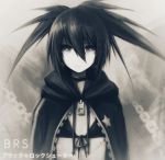  asymmetrical_hair black_bikini_top black_coat black_hair black_ribbon black_rock_shooter black_rock_shooter_(character) character_name choker closed_mouth copyright_name front-tie_bikini front-tie_top grey_background grey_eyes hair_between_eyes highres long_hair looking_at_viewer ly_(pixiv13839236) ribbon scar spiky_hair twintails upper_body zipper 