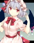  1girl black_wings blue_hair bow bowtie chiyu_(kumataro0x0) closed_mouth demon_wings dress hat hat_bow looking_at_viewer red_bow red_eyes red_neckwear remilia_scarlet shiny shiny_hair short_hair short_sleeves solo standing touhou white_dress white_headwear wings 