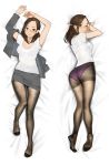  1girl arms_up bangs breasts brown_eyes brown_hair dakimakura earrings forehead formal glasses grey_jacket grey_skirt jacket jewelry long_hair looking_at_viewer lying miru_tights no_shoes off_shoulder okuzumi_yuiko on_back on_stomach open_clothes open_jacket panties panties_under_pantyhose pantyhose pencil_skirt purple_panties semi-rimless_eyewear shirt skirt smile teacher thighband_pantyhose thighs underwear white_shirt yomu_(sgt_epper) 