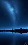  1girl arms_up fantasy highres kijineko medium_hair milky_way night night_sky original outdoors outstretched_arms reflection scenery shooting_star signature silhouette sky standing star_(sky) starry_sky tree 