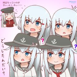  5girls ? akatsuki_(kantai_collection) alternate_hair_color blue_eyes commentary_request fang gangut_(kantai_collection) grey_hair hair_ornament hairclip hammer_and_sickle hat hibiki_(kantai_collection) ikazuchi_(kantai_collection) inazuma_(kantai_collection) kantai_collection long_hair miccheru multiple_girls neckerchief open_mouth peaked_cap pointing school_uniform serafuku silver_hair smile smirk translation_request verniy_(kantai_collection) 