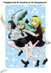  3girls anchovy anzio_(emblem) anzio_school_uniform bangs beret black_hair blonde_hair border braid cape carpaccio carte character_name closed_eyes drill_hair emblem girls_und_panzer green_hair hair_ribbon hand_up hat long_hair long_sleeves looking_at_viewer multiple_girls necktie one_eye_closed open_mouth pantyhose pepperoni_(girls_und_panzer) ribbon school_uniform short_hair signature skirt smile star tongue twin_drills twintails white_border 