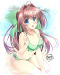  1girl :p ahoge asakura_otome bikini bikini_day blue_eyes blush bow breasts brown_hair collarbone commentary_request da_capo da_capo_ii eyebrows_visible_through_hair frilled_bikini frills green_bikini green_bow hair_between_eyes kayura_yuka looking_at_viewer navel pink_nails signature sitting small_breasts solo swimsuit tongue tongue_out wariza 