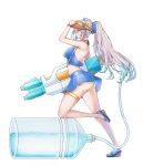  1girl absurdres air_bubble antenna_hair arched_back ass bikini bikini_skirt blue_bikini blue_hair blue_ribbon bottle breasts bubble frilled_bikini frilled_bikini_top frills from_side full_body gradient_hair grey_hair hair_between_eyes hair_ribbon hand_on_headwear hank_(gogaek) high_ponytail highres last_origin long_hair medium_breasts multicolored_hair one_knee ponytail red_eyes ribbon sandals smile solo super_soaker swimsuit thigh_strap very_long_hair visor water water_bottle wristband x-05_emily_(last_origin) 