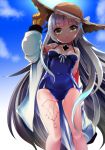  1girl :o arm_up ass_visible_through_thighs azur_lane bangs bare_shoulders blue_sky blue_swimsuit blunt_bangs blush breasts brown_eyes brown_gloves brown_headwear casual_one-piece_swimsuit clouds cloudy_sky collarbone commentary_request covered_navel day eyebrows_visible_through_hair gloves groin hat highres iron_cross jacket long_hair long_sleeves off_shoulder one-piece_swimsuit open_clothes open_jacket parted_lips silver_hair sky small_breasts solo standing sun_hat swimsuit takara_akihito very_long_hair white_jacket z46_(azur_lane) 