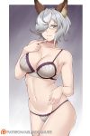  1girl animal_ears aslindsamure bangs bare_shoulders blush border bra breasts cat_ears closed_mouth collarbone erune glasses granblue_fantasy grey_eyes grey_hair hair_over_one_eye highres large_breasts looking_at_viewer navel open_mouth panties short_hair smile swept_bangs underwear white_border white_bra white_panties 