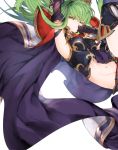  1girl arm_up armpits c.c. cape code_geass cosplay creayus elbow_gloves gloves granblue_fantasy green_hair groin long_hair looking_at_viewer midriff navel short_shorts shorts simple_background solo song_(granblue_fantasy) song_(granblue_fantasy)_(cosplay) thigh-highs white_background yellow_eyes 