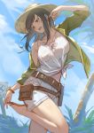  1girl bare_shoulders belt black_eyes black_hair bracelet clouds collarbone day granblue_fantasy hat highres jacket jewelry kakage long_hair looking_down oceanographer_(granblue_fantasy) open_mouth palm_tree ribbon sandals shorts sky solo sun_hat tree 