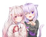  2girls ;d ahoge animal_ear_fluff animal_ears black_sweater blush cat_ears cat_tail collar fang hair_between_eyes hair_ornament hairclip hand_up highres hololive japanese_clothes kemonomimi_mode kimono lavender_hair long_hair long_sleeves looking_at_viewer miko multiple_girls nekomata_okayu nijisanji one_eye_closed open_mouth parted_lips red_eyes shiina_yuika short_hair simple_background smile sweater tail upper_body v violet_eyes virtual_youtuber white_background white_hair white_kimono wide_sleeves yuuri_nayuta 