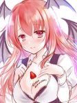  1girl bangs black_bra black_vest blush bra collarbone commentary_request demon_wings eyebrows_visible_through_hair food fruit hair_between_eyes hands_on_own_chest happy_birthday head_wings juliet_sleeves koakuma long_hair long_sleeves looking_at_viewer natsuki_(ukiwakudasai) puffy_sleeves red_eyes redhead shirt simple_background sketch smile solo strawberry touhou underwear upper_body vest whipped_cream white_background white_shirt wing_collar wings 