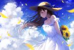  1girl arms_behind_back bad_id bare_shoulders blue_bow blue_ribbon blue_sky bow breasts brown_eyes brown_hair brown_headwear closed_mouth clouds cloudy_sky commentary_request day dress eyebrows_visible_through_hair flower hat hat_bow leaning_forward long_hair looking_at_viewer medium_breasts noda_shuha off-shoulder_dress off_shoulder original outdoors petals ribbon sky smile solo straw_hat sunflower white_dress window yellow_flower 