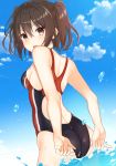  1girl adjusting_clothes adjusting_swimsuit ass bare_arms bare_shoulders black_swimsuit blue_sky breasts brown_eyes brown_hair clouds commentary_request competition_swimsuit cowboy_shot day from_behind highres kantai_collection looking_at_viewer looking_back multicolored multicolored_clothes multicolored_swimsuit one-piece_swimsuit open_mouth outdoors sendai_(kantai_collection) sky small_breasts solo standing swimsuit two_side_up upper_teeth wading yuzuttan 