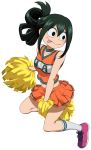  1girl alternate_costume alternate_hairstyle anime_coloring artist_request asui_tsuyu black_eyes boku_no_hero_academia breasts cheerleader green_hair highres looking_to_the_side medium_breasts navel pleated_skirt pom_poms shirt simple_background skirt sleeveless sleeveless_shirt solo tied_hair tongue tongue_out white_background 