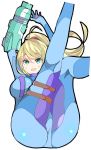  1girl :d arm_cannon arms_up bangs blonde_hair blue_bodysuit blue_eyes bodysuit breasts covered_nipples enpe eyebrows_visible_through_hair hair_between_eyes highres large_breasts legs_up long_hair metroid mole mole_under_mouth open_mouth ponytail samus_aran simple_background smile solo thigh_strap weapon white_background zero_suit 