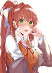  1girl bangs blush brown_hair commentary crying crying_with_eyes_open doki_doki_literature_club english_commentary eyebrows_visible_through_hair green_eyes grey_jacket hair_ribbon highres jacket long_hair long_sleeves looking_at_viewer monika_(doki_doki_literature_club) open_mouth orange_vest ponytail ribbon school_uniform shirt simple_background solo tears upper_body white_background white_ribbon white_shirt wing_collar xhunzei 