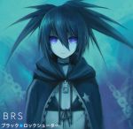  1girl asymmetrical_hair black_bikini_top black_coat black_ribbon black_rock_shooter black_rock_shooter_(character) blue_background blue_eyes blue_hair chain character_name closed_mouth copyright_name flat_chest front-tie_bikini front-tie_top hair_between_eyes highres hood hood_down long_hair looking_at_viewer ly_(pixiv13839236) ribbon scar solo spiky_hair twintails upper_body zipper 