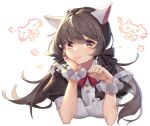  1girl animal_ears bangs black_hair blush bow brown_hair cat_ears eyebrows_visible_through_hair face hand_on_own_face kan_(rainconan) maid original paw_pose red_bow smile solo tied_hair twintails white_background yellow_eyes 