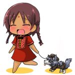  1girl :d ^_^ animal asha_(fate) barefoot blush braid brown_hair brown_headwear brown_jacket brown_pants cabbie_hat chibi closed_eyes clothed_animal colored_shadow commentary_request dog dress fate/grand_order fate_(series) hat indian_clothes jacket long_hair open_mouth oshiruko_(uminekotei) pants red_dress shadow short_sleeves smile solo standing standing_on_one_leg twin_braids white_background 