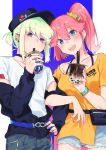  1boy 1girl aina_ardebit androgynous blue_eyes blush bubble_tea casual drinking ear_piercing green_hair hair_ornament hat highres jacket lio_fotia locked_arms moegi0926 off_shoulder open_mouth piercing pink_hair promare shorts side_ponytail smile violet_eyes 