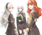  3girls book byleth byleth_(female) byleth_(female)_(cosplay) cape celica_(fire_emblem) corrin_(fire_emblem) corrin_(fire_emblem)_(female) cosplay dragon_girl earrings edelgard_von_hresvelgr_(fire_emblem) edelgard_von_hresvelgr_(fire_emblem)_(cosplay) elf female_my_unit_(fire_emblem:_three_houses) female_my_unit_(fire_emblem:_three_houses)_(cosplay) female_my_unit_(fire_emblem:_kakusei) female_my_unit_(fire_emblem_if) fire_emblem fire_emblem:_three_houses fire_emblem:_kakusei fire_emblem:_three_houses fire_emblem_awakening fire_emblem_echoes:_mou_hitori_no_eiyuuou fire_emblem_echoes:_shadows_of_valentia fire_emblem_fates fire_emblem_gaiden fire_emblem_heroes fire_emblem_if hair_between_eyes hair_ornament hairband human intelligent_systems jewelry kamui_(fire_emblem) long_hair looking_at_viewer mamkute multiple_girls my_unit_(fire_emblem:_three_houses) my_unit_(fire_emblem:_kakusei) my_unit_(fire_emblem_if) nintendo pointy_ears red_eyes redhead reflet robaco robin_(fire_emblem) robin_(fire_emblem)_(female) school_uniform silver_hair simple_background smile super_smash_bros. super_smash_bros._ultimate super_smash_bros_brawl tiara twintails uniform white_background 