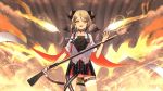  1girl arknights black_choker choker cowboy_shot curled_horns dress_shirt eyebrows_visible_through_hair fire highres holding holding_weapon horns ifrit_(arknights) long_sleeves looking_at_viewer open_mouth orange_eyes shirt short_twintails solo standing thigh_strap tttanggvl twintails weapon 